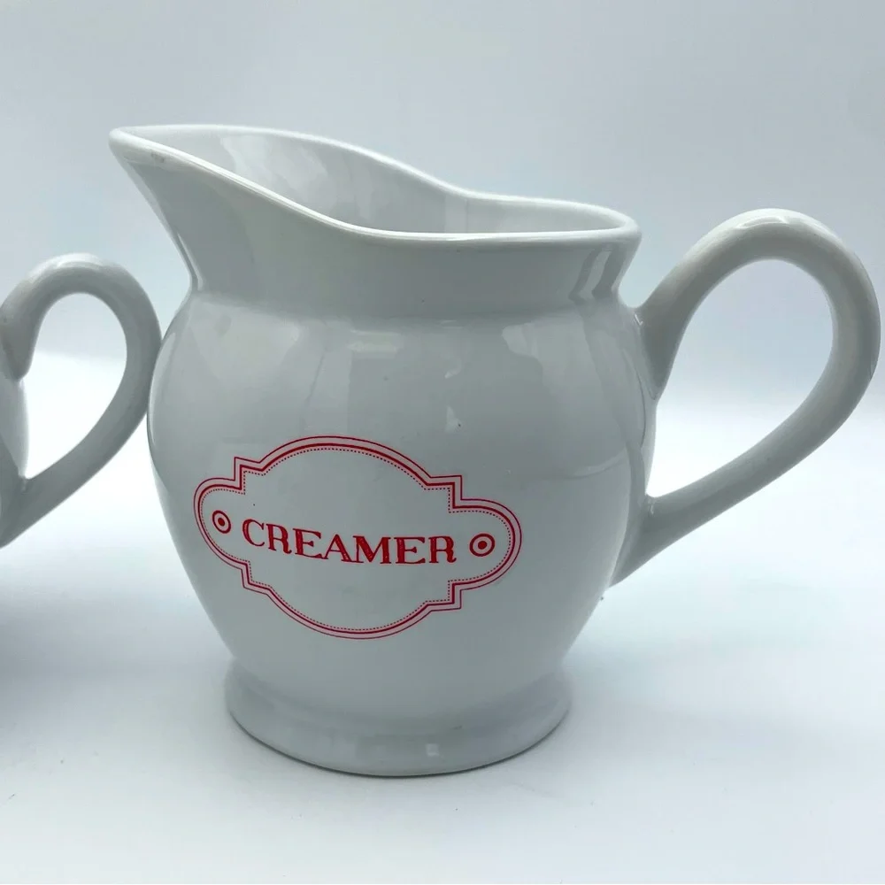C R Gibson Farmhouse White Sugar and Creamer Set with Red Accents